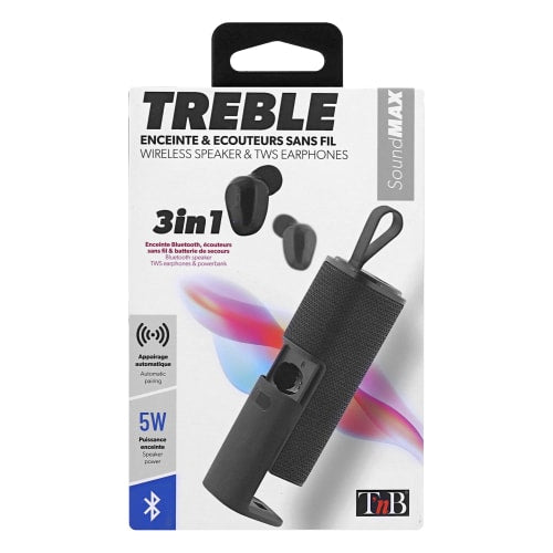 TREBLE 3-in-1 Combo: Wireless Speaker + Wireless Earbuds + Power Bank – High-Bass Audio, Bluetooth
