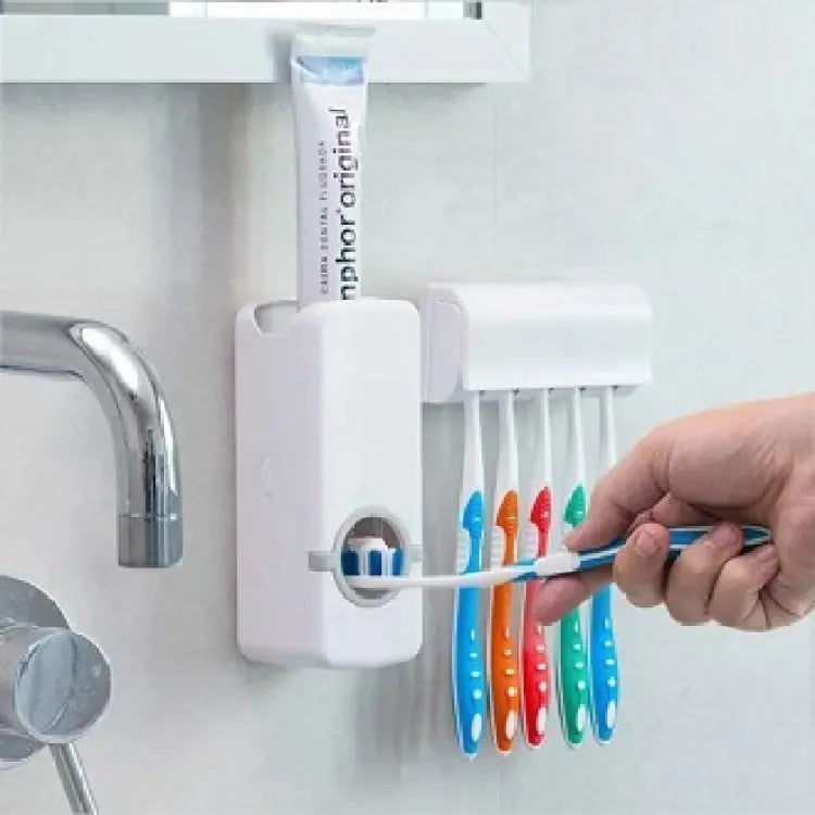Automatic Toothpaste Dispenser with 5 Toothbrush Holder | Wall Mounted Hands-Free Tooth Paste Dispenser | Hygienic Bathroom Organizer