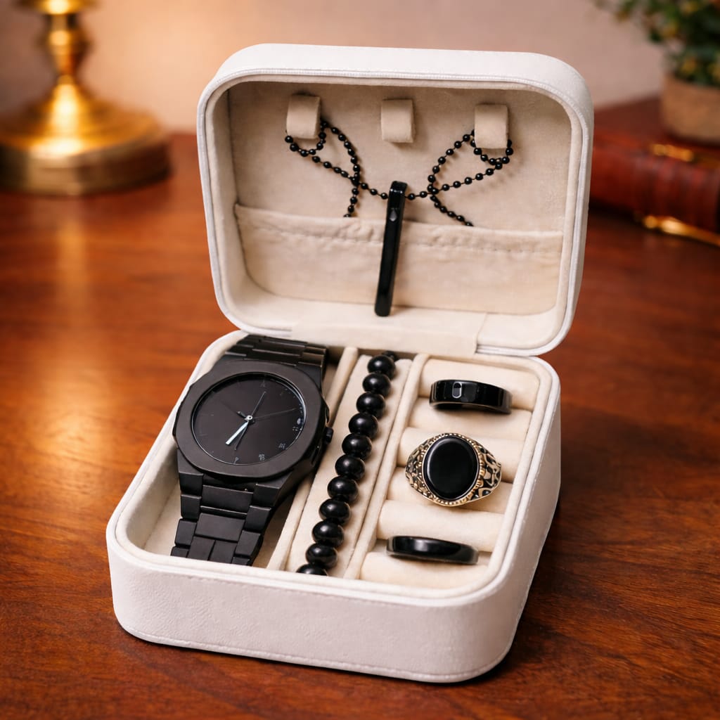 Pack Of 5 Top Fashion Men's Black AURA Watch Deal -Elegant Mens Black AURA l Watch +Chain Bracletes black hand band +Stone (Nag) wali Ring+3D Bar Stick Locket-High Quality Business Black AURA Watch